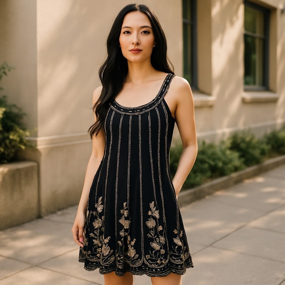 Nina Austin Black Embroidered Dress‎ Sequin Embellished Party Cocktail Women's L
